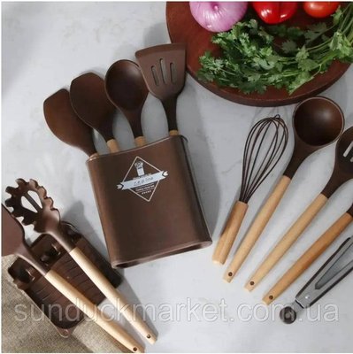 Силіконове кухонне приладдя з дерев'яною ручкою, набір лопаток для кухні ZP-53 коричневий 1958914150 фото
